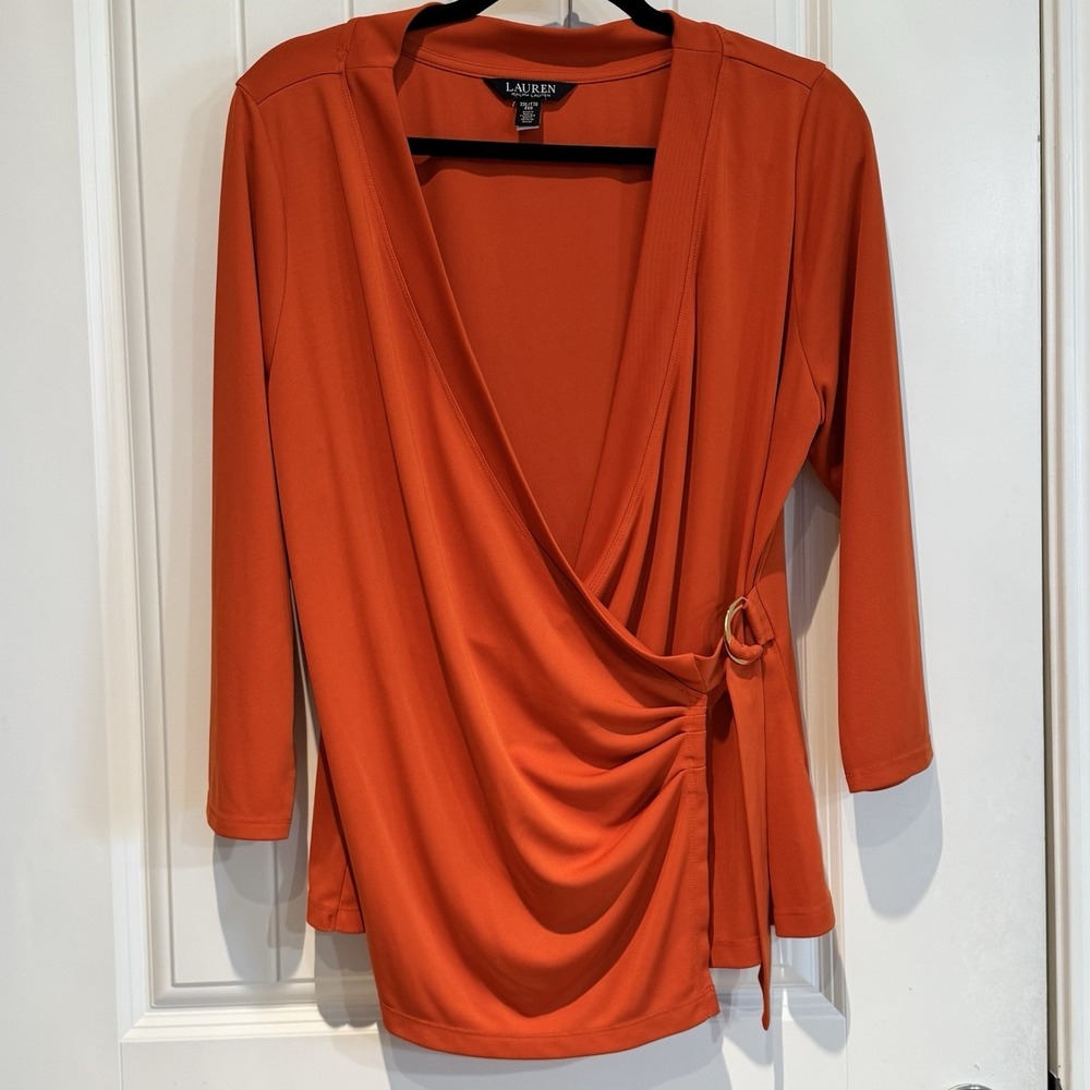 Lauren Ralph Lauren Orange Wrap Top Womens XXL Faux Wrap Gold Ring Ruched